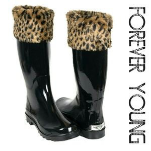Women Tall Rain Boots, RB-1801, Black with Fur Cuff, Size 10